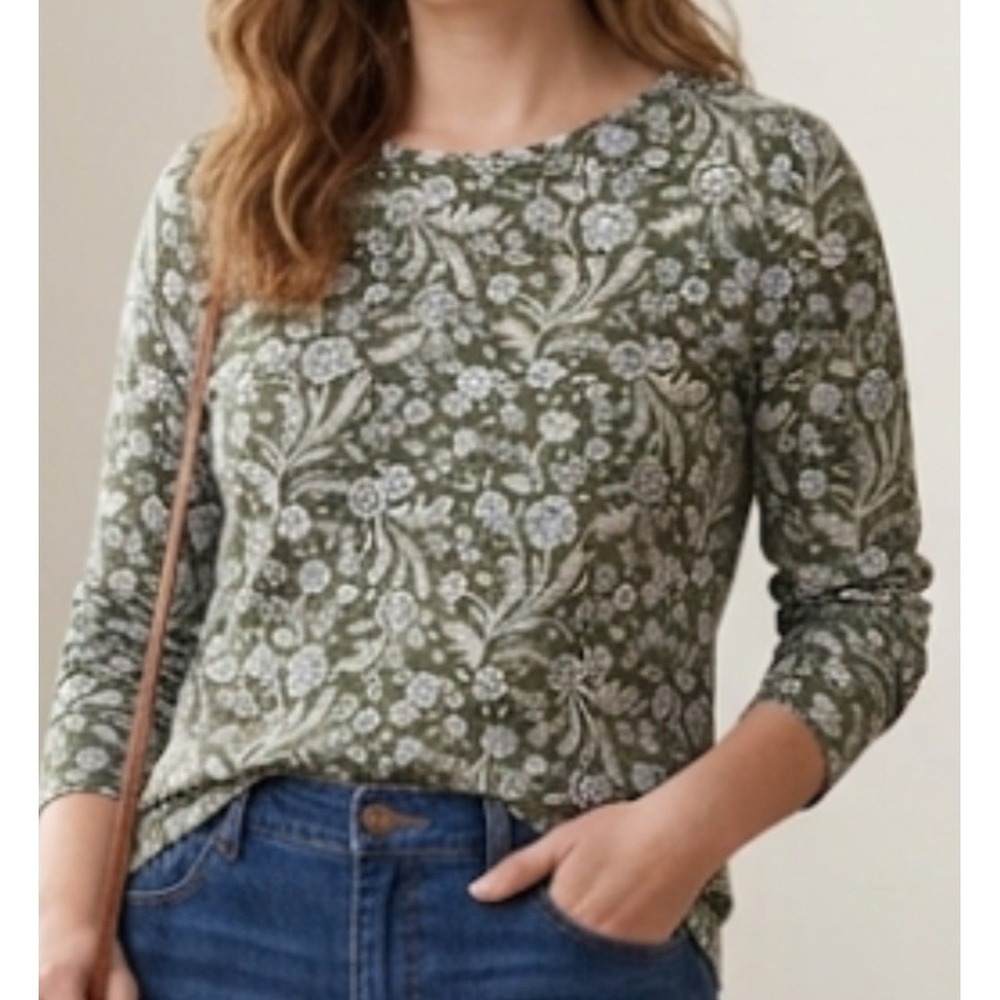 Croft & Barrow Long Sleeve T-Shirt Top Sz Large / M Sage Green Leafy Floral